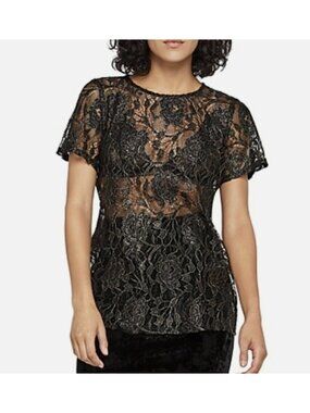 New BCBGeneration Black & Gold Comb Lace Top Party Size Small Women's